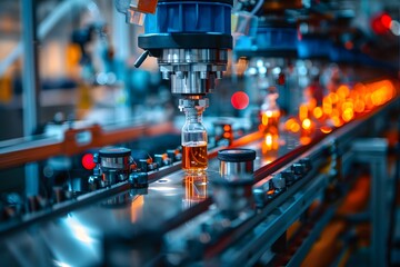 Naklejka premium Automated Production Line for Bottling Liquid Products in a Modern Factory