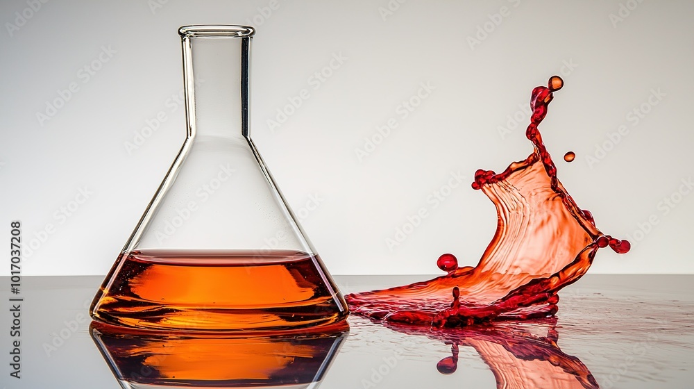 Poster a vibrant red liquid splashes from a glass flask highlighting a dynamic moment of chemical explorati