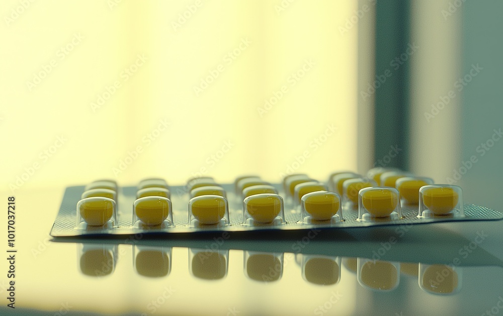 Poster yellow medication tablets arranged neatly on a reflective surface with natural light filtering throu