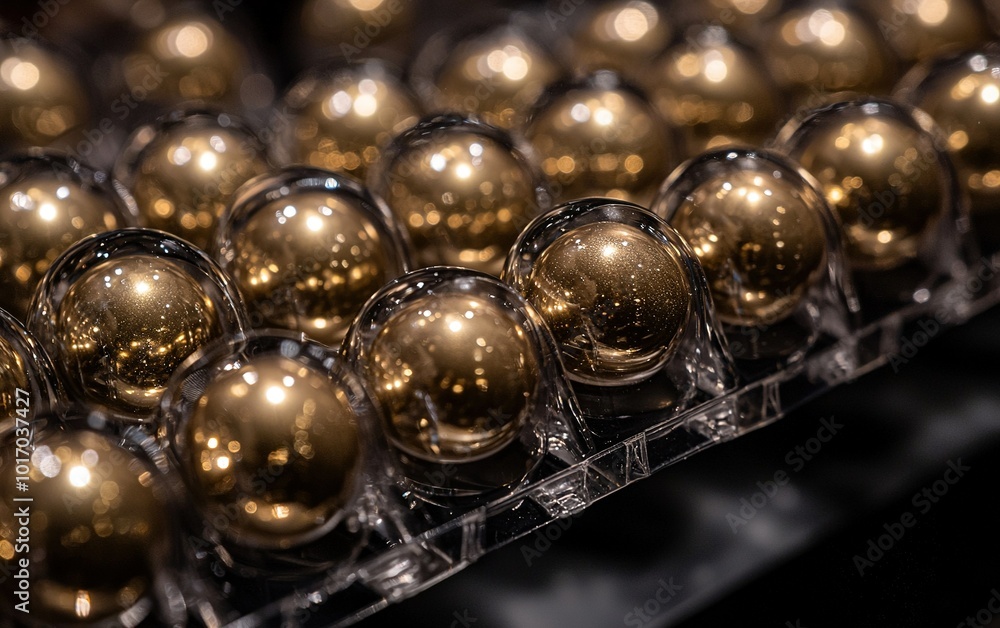Poster shiny golden capsules arranged neatly on a display, reflecting light in a beautiful pattern at a mod