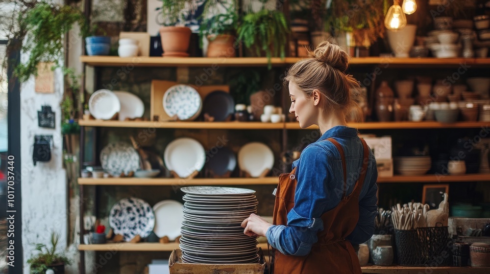 Wall mural potter examines ceramic stack in shop.