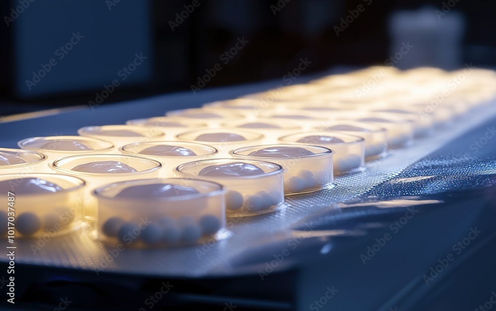 Poster rows of clear containers filled with small round objects illuminated by soft light in a lab setting