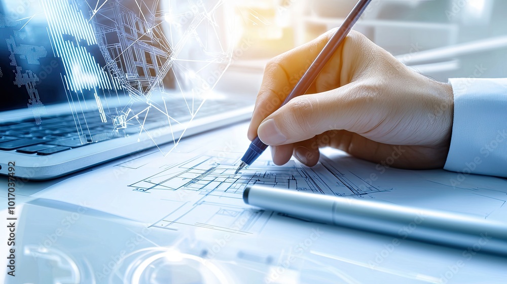 Poster close-up of a cad drawing software displaying construction plans, with a hand using a stylus to adju