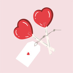 Love candy with label. Red heart shaped lollipop. Design for Valentine’s Day and romantic holidays. Hand drawn vector illustration