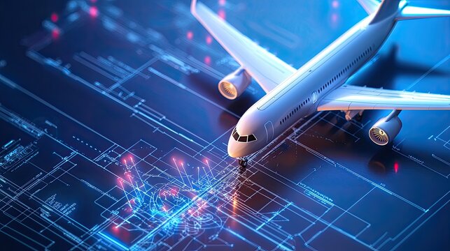 Close-up of an airplane blueprint, with intricate technical drawings of wings and fuselage, representing aeronautical engineering