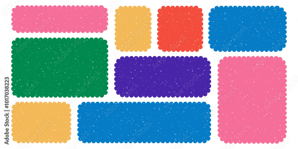 Aufkleber scalloped rectangle quote frame collection. colorful scratched texture text box. empty speech bubble