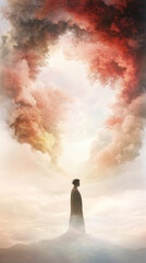 A lone figure stands on a mountain peak, gazing up at a vibrant sky filled with swirling clouds.