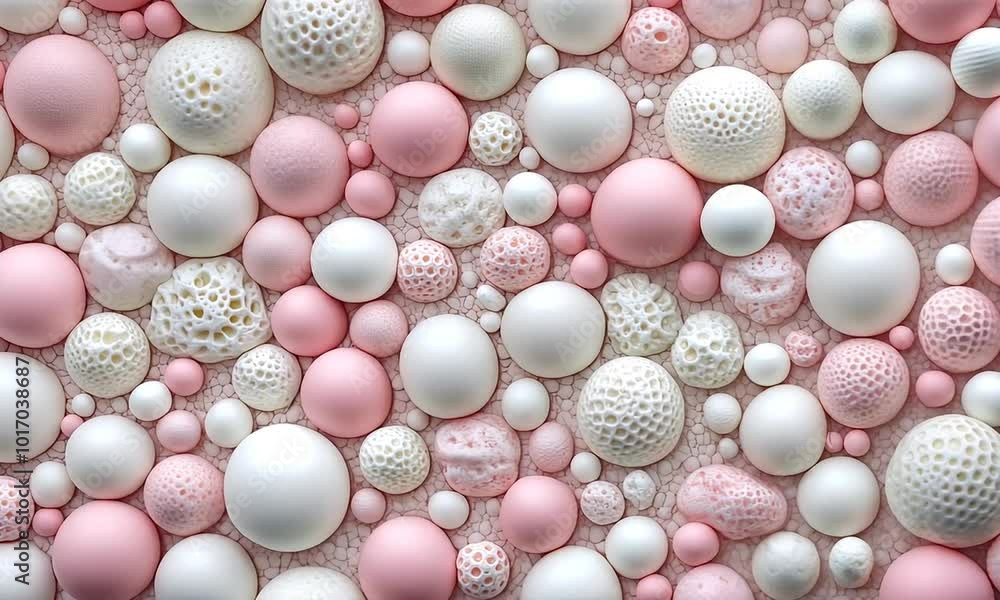 Poster observe a captivating display of textured spheres in various sizes, blending soft pink and white ton