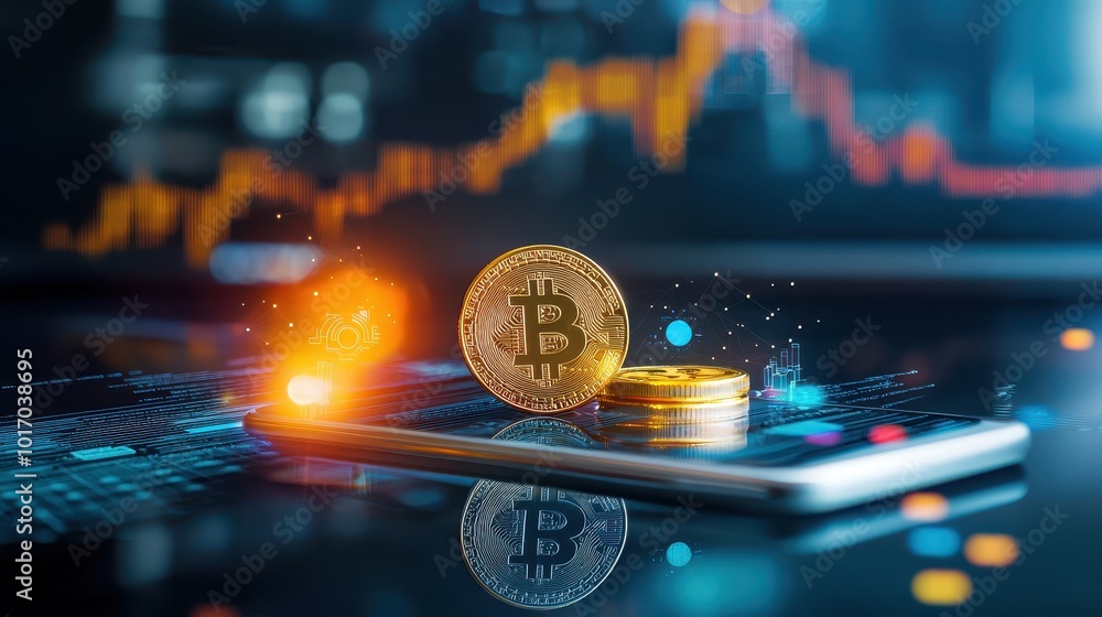 Poster cryptocurrency coins like bitcoin and ripple displayed on a trading app, with price updates and mark