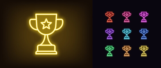 Outline neon award goblet icon set. Glowing neon reward cup with star. Award super cup, sport trophy and top achievement, game prize, sport victory, champion reward, winner triumph. Vector icons