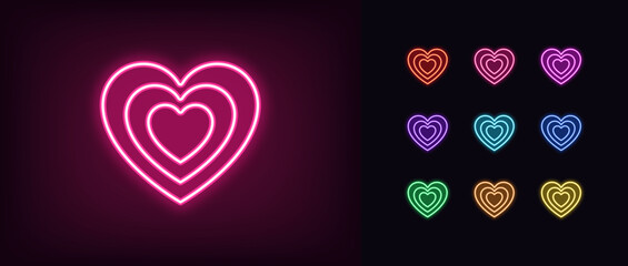 Outline neon target heart icon set. Glowing neon heart sign with concentric outline shape. Love target, concentric heart line, romantic dating, valentine day, love center and passion. Vector icons