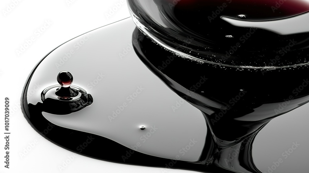 Aufkleber black liquid spills from a glass container, creating smooth reflections on a white surface in a mini