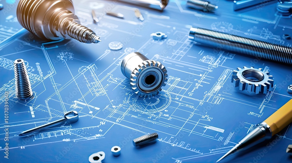 Poster detailed mechanical blueprint showing gears and components, surrounded by engineering tools, symboli