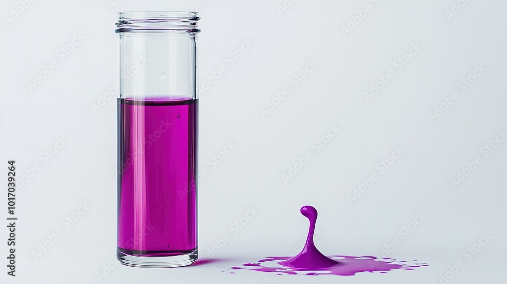 Poster purple liquid in a clear glass bottle with a drop splattering on a surface, capturing vibrant color 