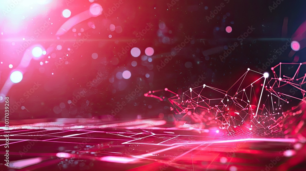Poster digital red background with neon-lit grid and futuristic geometric shapes, creating a sleek and inno