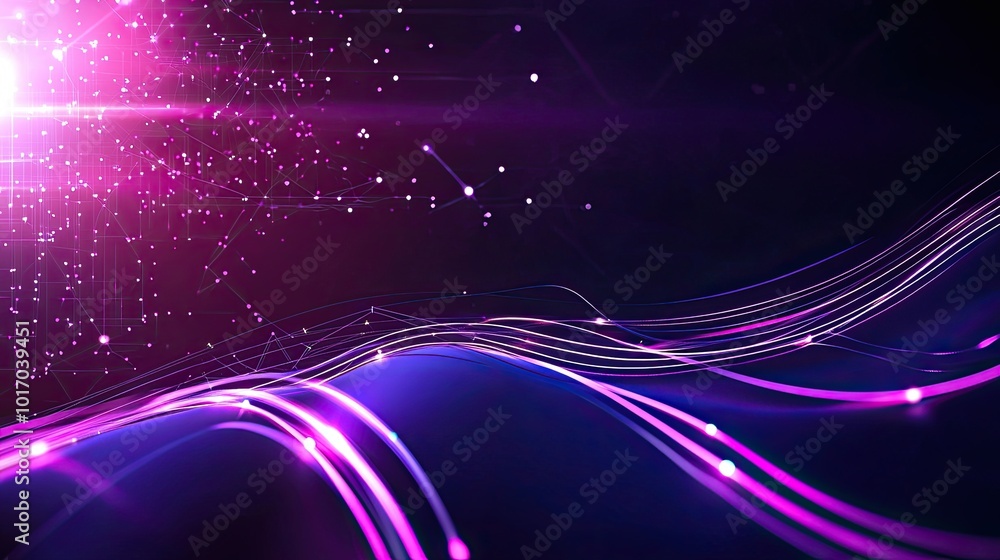 Poster dynamic abstract technology background with flowing lines, geometric shapes, and bright glowing node