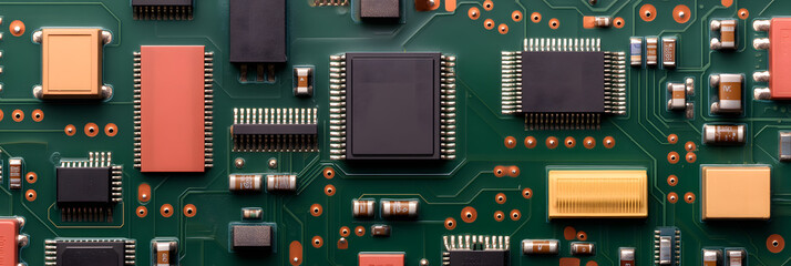 Orthographic Flat Photograph of a Circuit Board | Detailed View of Electronic Components and PCB Layout for Technology Design