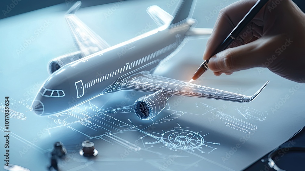 Poster engineer working on an airplane blueprint, with intricate details of fuselage and wing structure vis