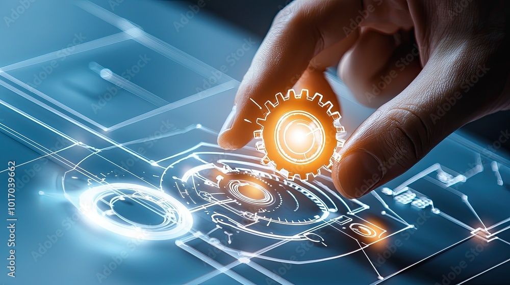 Poster engineers hand pointing to details on a mechanical blueprint, highlighting gears and components in a