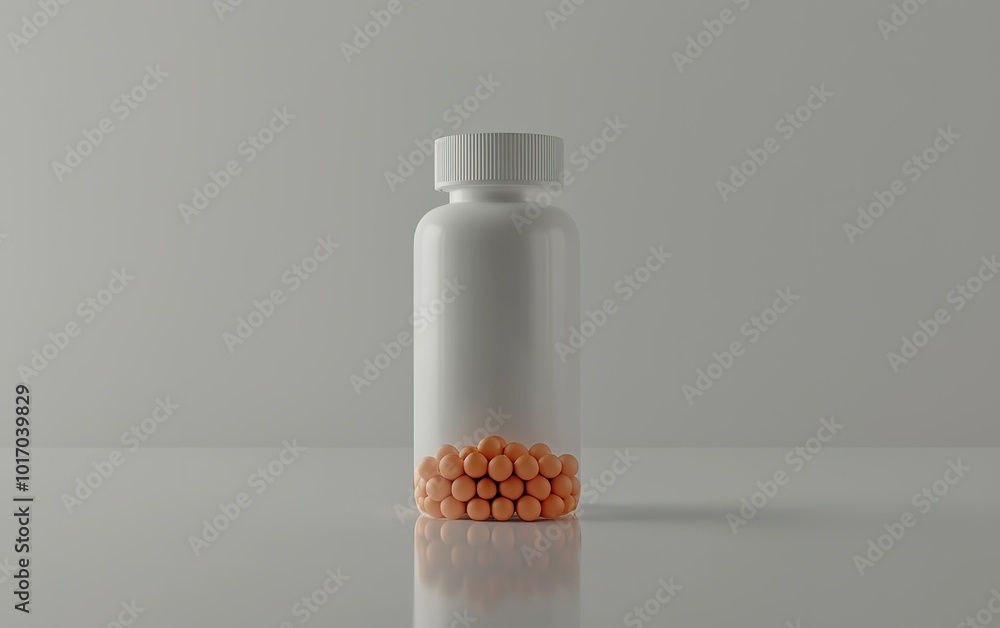 Poster a minimalist white bottle filled with peach-colored capsules displayed on a plain background in a br