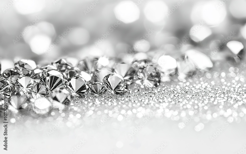 Poster a cluster of sparkling diamonds on a shimmering surface captured in soft light, showcasing their bri