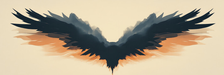 Abstract illustration of a pair of wings with a light orange and dark blue color palette.