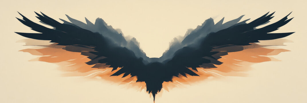 Abstract illustration of a pair of wings with a light orange and dark blue color palette.