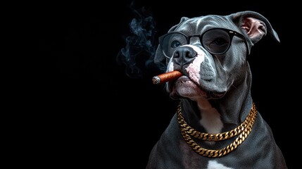A fashionable dog exudes coolness with glasses, a cigar, and chains