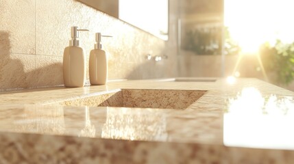 A sunlit bathroom countertop with soap dispensers and a sleek sink.
