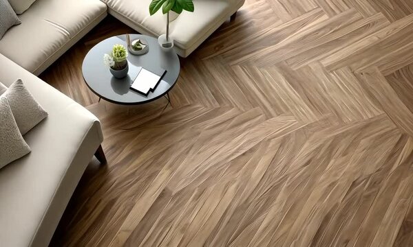 Experience modern living in this stylish room featuring a comfortable sofa, chic circular table, and unique herringbone wooden flooring, perfect for contemporary interiors