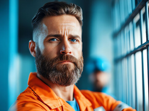 Inmate with a serious expression, wearing an orange jumpsuit, standing near prison bars.
