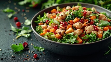 A vibrant mix of chicken, fresh vegetables, and pomegranate adds flavor and nutrition