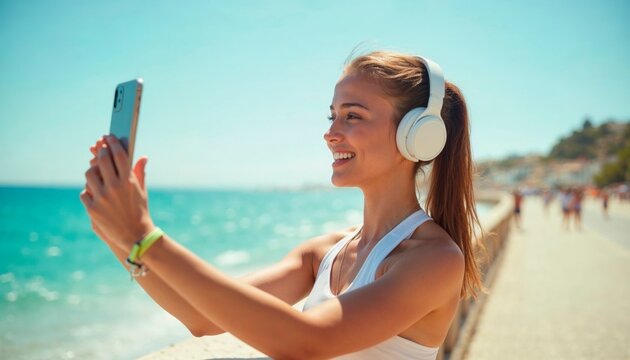 Smiling Woman Taking a Selfie by the Beach While Listening to Music