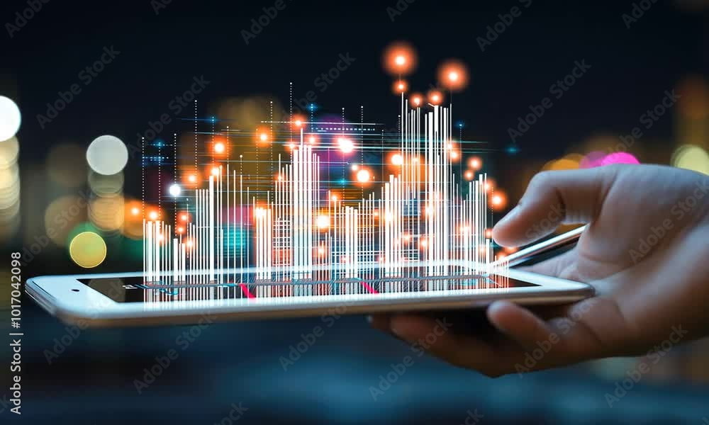 Poster an individual is engaged with a tablet displaying stock market data and trends while surrounded by a