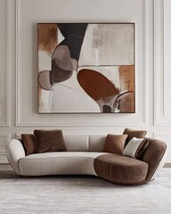 Modern living room with abstract art and comfortable sofa.