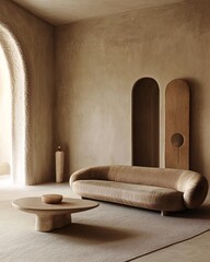 Modern minimalist living room interior with beige sofa, curved coffee table and arched doorways.