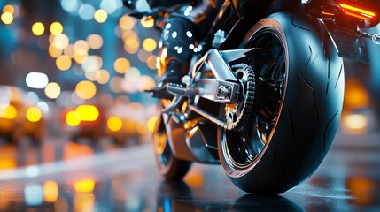 A motorcycle is parked in a bustling city at night, showcasing its shiny rear wheel against a...