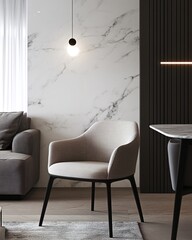 Modern, minimalist interior with a beige armchair, marble wall, and wood accents.