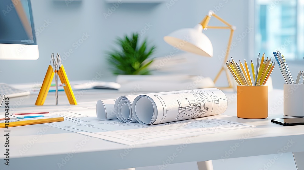 Poster rolled blueprints and architectural sketches scattered across a modern desk, symbolizing constructio