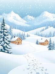 Naklejka premium Snowy mountain landscape with two cabins and a winding path through the snow.