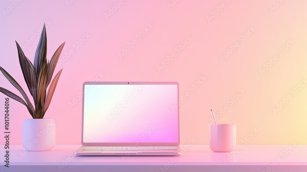 Poster sleek laptop on a minimalist desk setup, with a soft glow from the screen, representing modern works