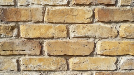 Fototapeta premium A close-up view of a rustic yellow brick wall, showcasing the textures and patterns of the individual bricks in natural light.