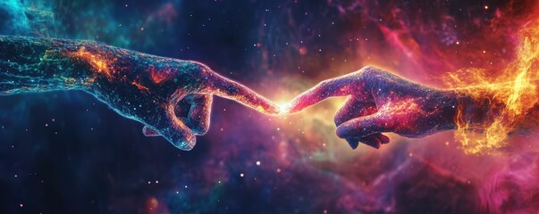 A cosmic connection between two hands, symbolizing creation and unity amidst a vibrant galaxy, merging elements of art and science.