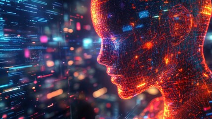 A futuristic digital face made of glowing lines and particles against a vibrant, tech-inspired background.