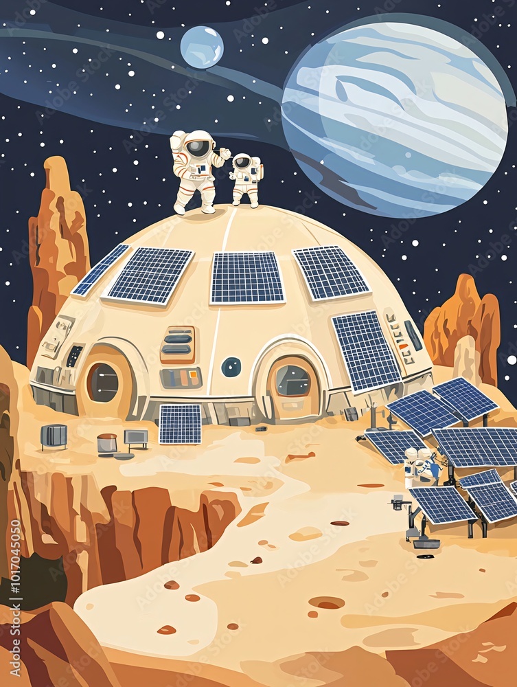 Aufkleber two astronauts stand on a dome shaped building with solar panels on a red planet with a blue moon an