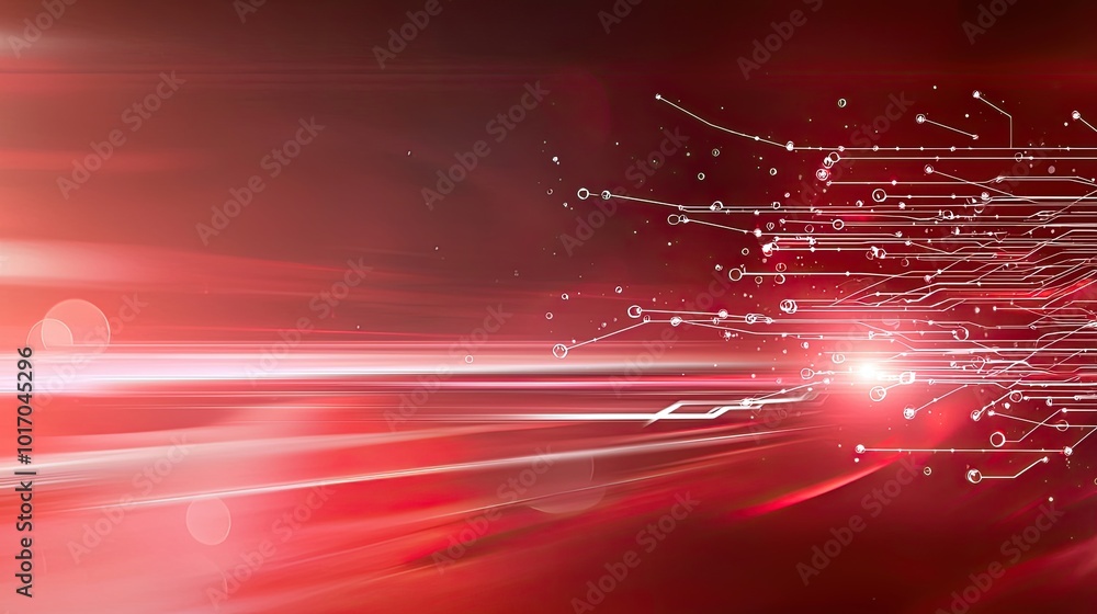 Poster vibrant red tech background with motion blur effects and digital nodes, representing the speed of mo