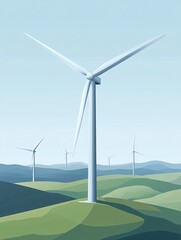 Fototapeta premium Wind turbines stand tall against a blue sky, generating clean energy.