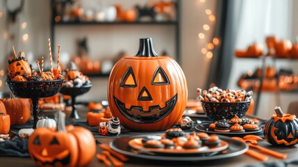 Halloween themed festive table setting with Jack O Lantern candy bowl sweets and cookies