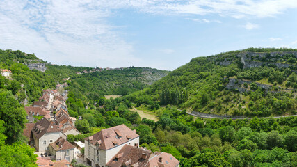 Panorama of the landscape near the city of Rocamadour Lot Occitanie in Southern France. The city...