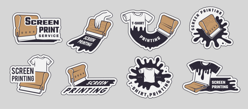 Screen printing. Tshirt printing service stylized identity silkscreen squeegees paint recent vector badges template set witih place for text